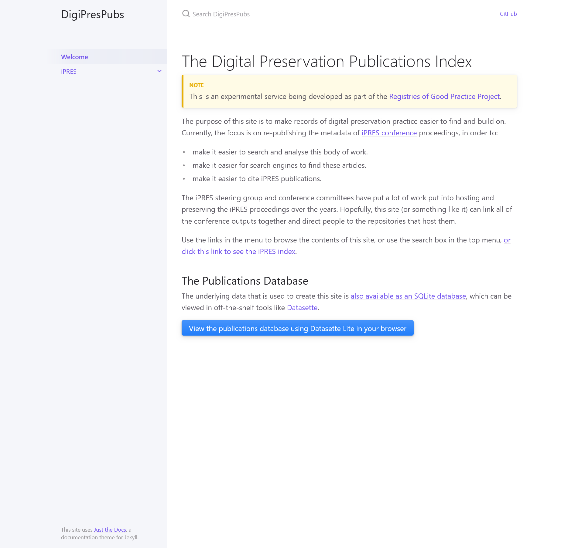 Homepage of DigiPres Publications Index showing the basic UI.